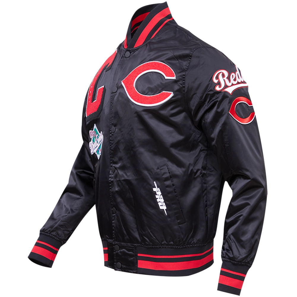 Cincinnati Reds Rib Knitted Sublimated Full-Snap Black Satin Varsity Jacket - Image 4