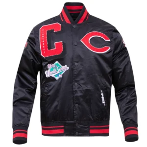 Cincinnati Reds Rib Knitted Sublimated Full-Snap Black Satin Varsity Jacket