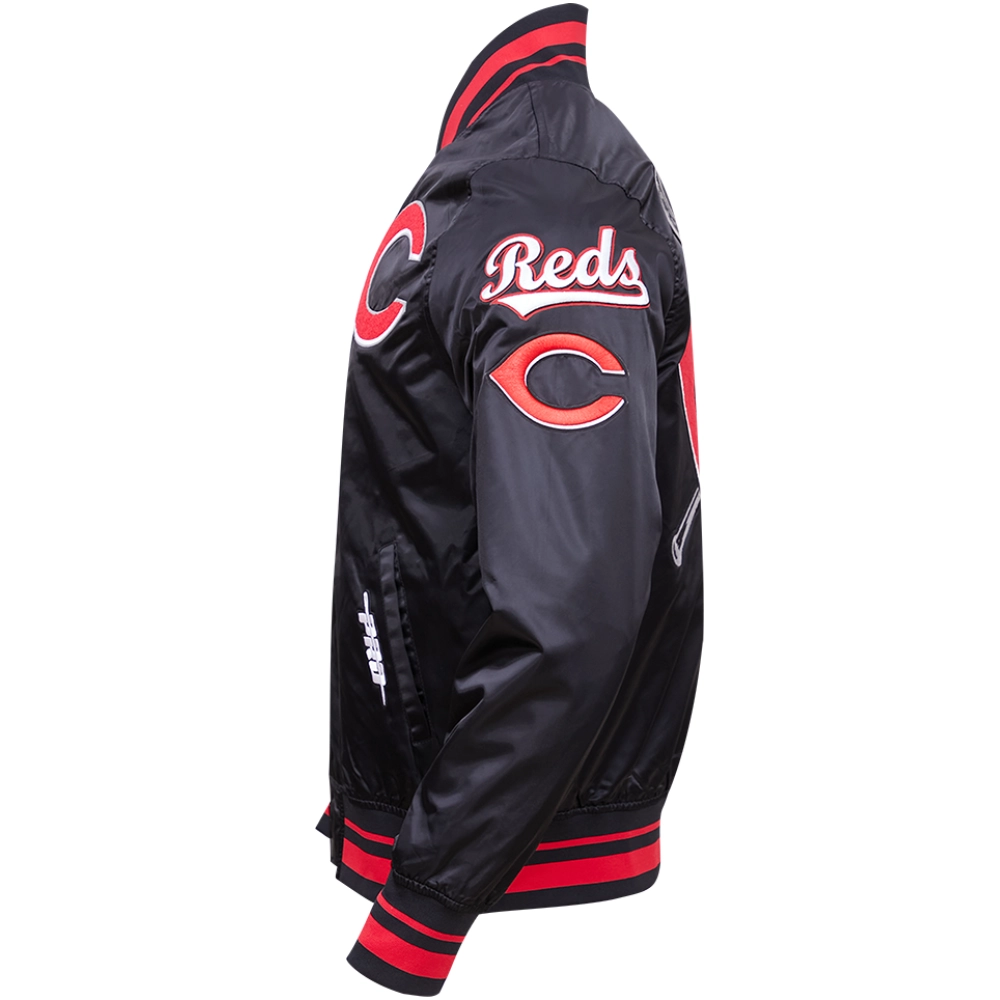 Cincinnati Reds Rib Knitted Sublimated Full-Snap Black Satin Varsity Jacket - Image 3