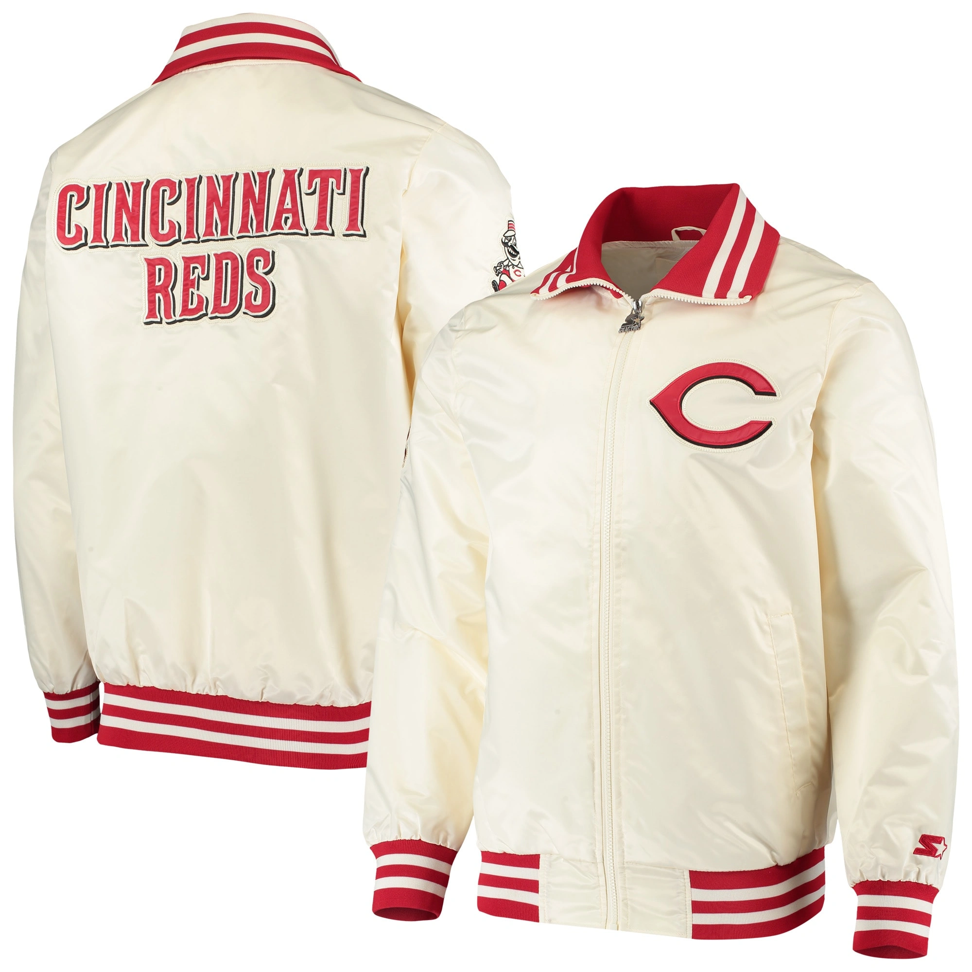 Cincinnati Reds Starter The Captain II Full-Zip Satin Varsity Cream Jacket - Image 3