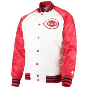 Cincinnati Reds Lead Off White & Red Clean Up Hitter Full-Snap Satin Varsity Jacket