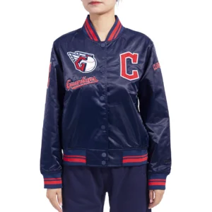 Women's Cleveland Guardians Women's Retro Classic Rib Full-Snap Satin Varsity Navy Jacket