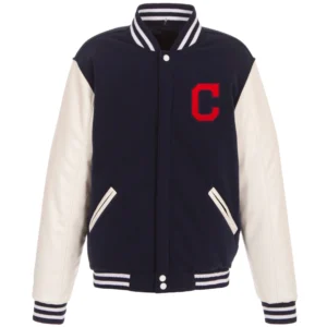 Cleveland Indians Two Tone Wool & Leather Varsity Jacket Navy & White
