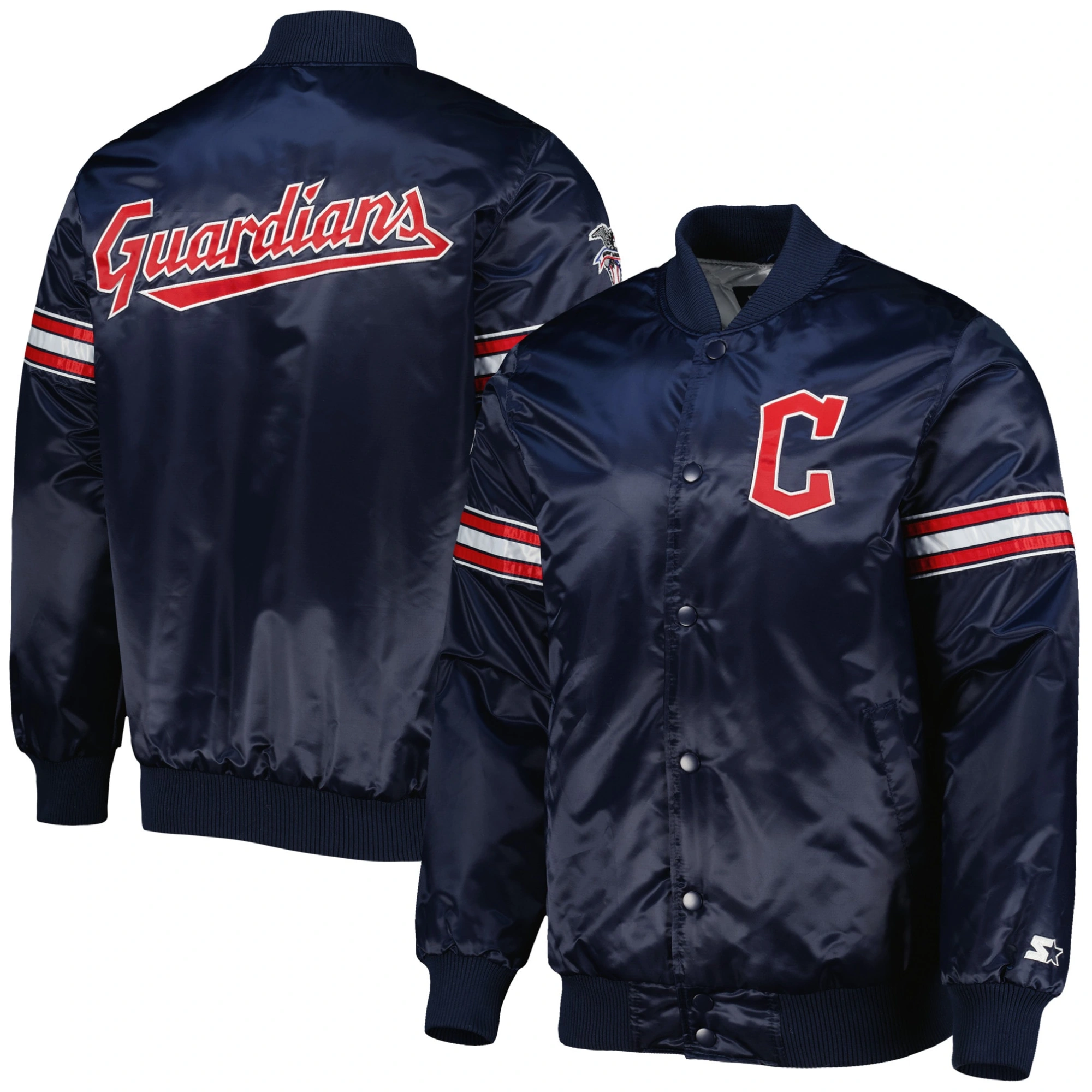 Cleveland Guardians Starter Navy Pick and Roll Full-Snap Satin Varsity Jacket - Image 3