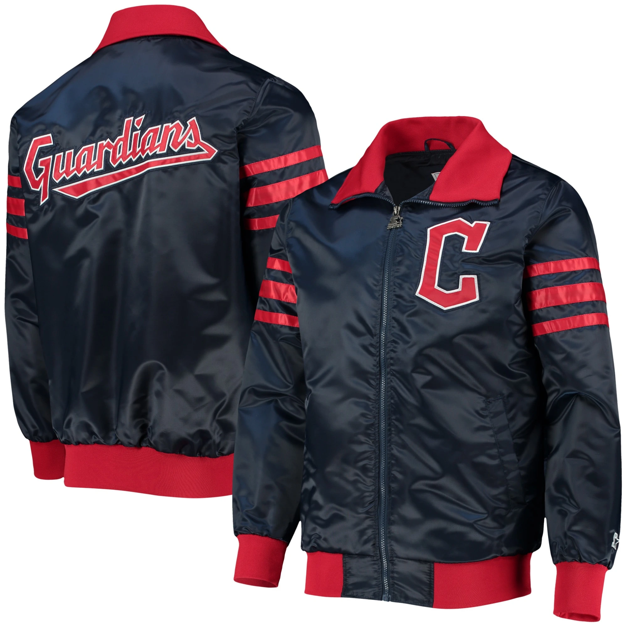 Cleveland Guardians Starter The Captain II Full-Zip Satin Varsity Navy Jacket - Image 3