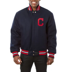 Cleveland Indians Full Wool One Color Rib Knitted Navy Wool Varsity Jacket