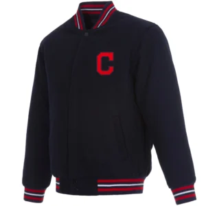 Cleveland Indians Full Wool One Color Classic Rib Knitted Wool Varsity Navy Jacket