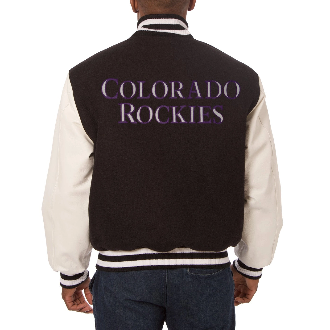 Colorado Rockies Two Tone Wool & Leather Varsity Jacket Black & White - Image 2