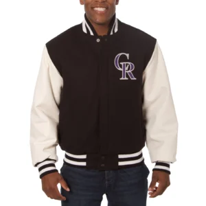 Colorado Rockies Two Tone Wool & Leather Varsity Jacket Black & White
