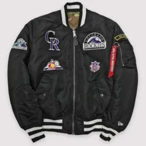 Colorado Rockies MA-1 Rib Knitted Full-Zip Bomber Varsity Black Jacket