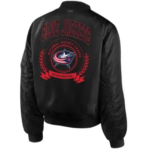 Alternative view of Columbus Blue Jackets Bomber Full-Zip Satin Varsity Black Jacket