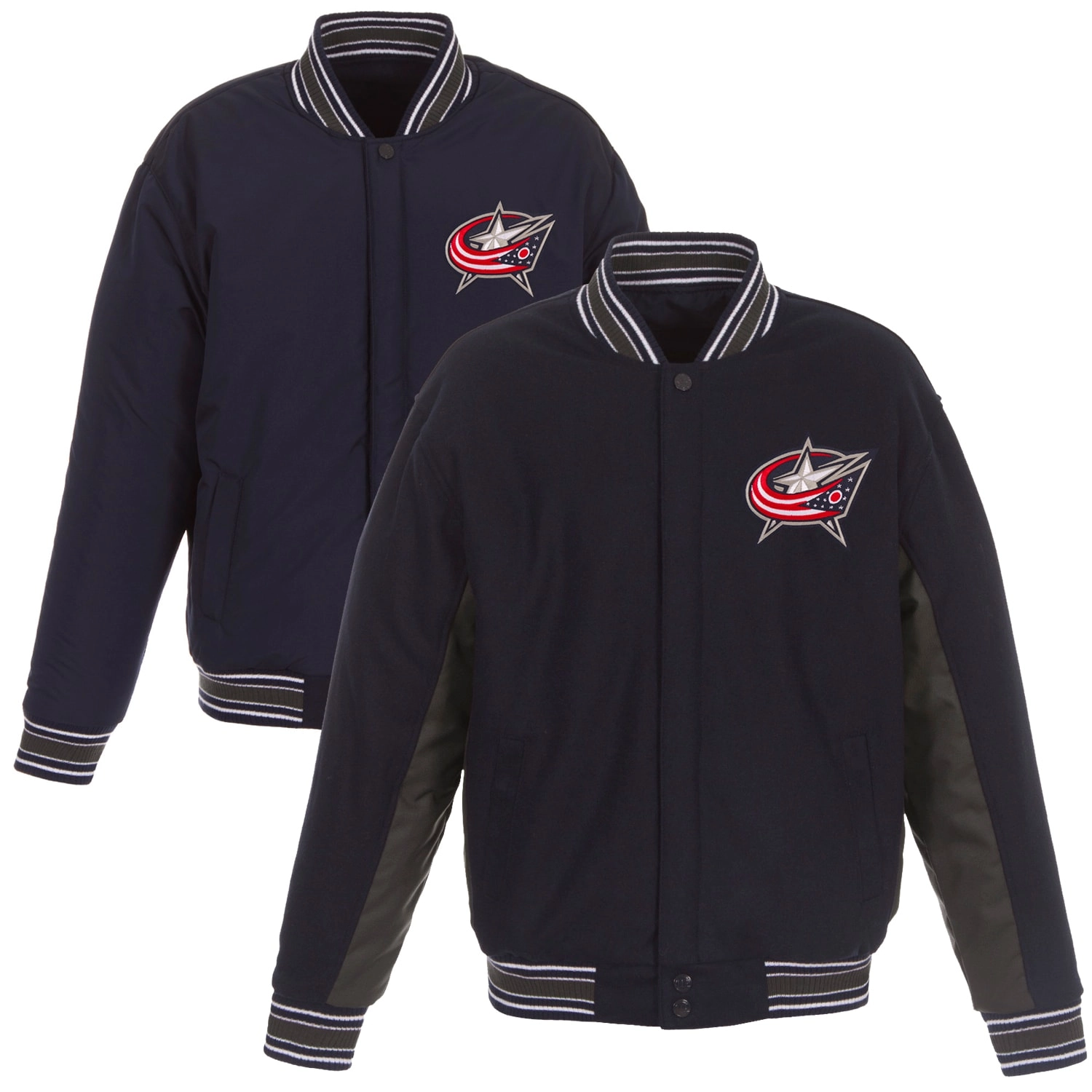 Columbus Blue Jackets Poly-Twill Accent Wool Varsity Jacket Navy & Charcoal - Image 3