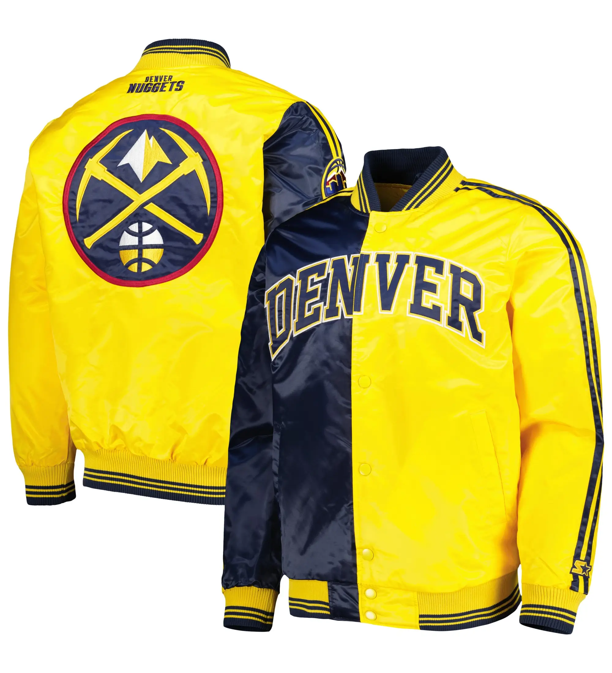Denver Nuggets Satin Varsity Jacket Navy & Yellow - Image 3