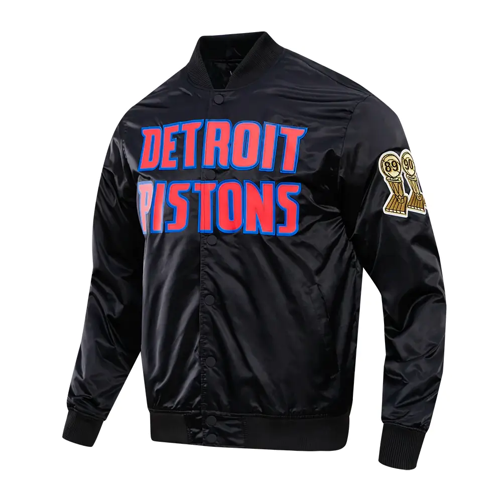 Detroit Pistons Wordmark Big Logo Black Satin Varsity Jacket - Image 2