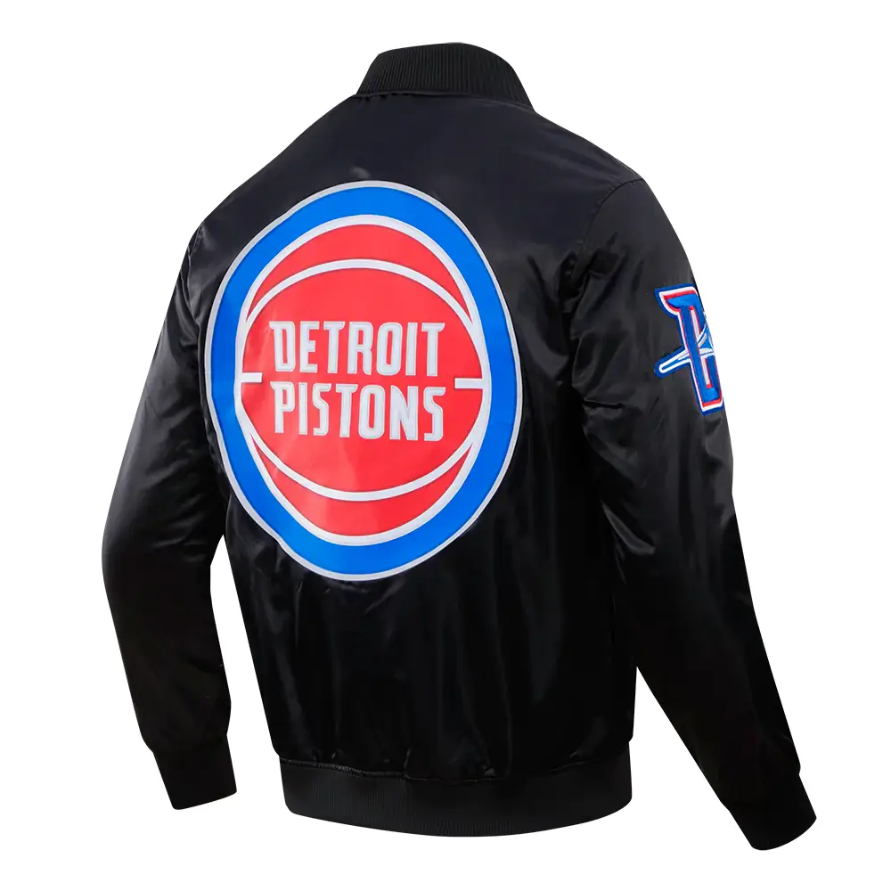 Detroit Pistons Wordmark Big Logo Black Satin Varsity Jacket - Image 3
