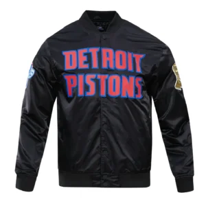 Detroit Pistons Wordmark Big Logo Black Satin Varsity Jacket
