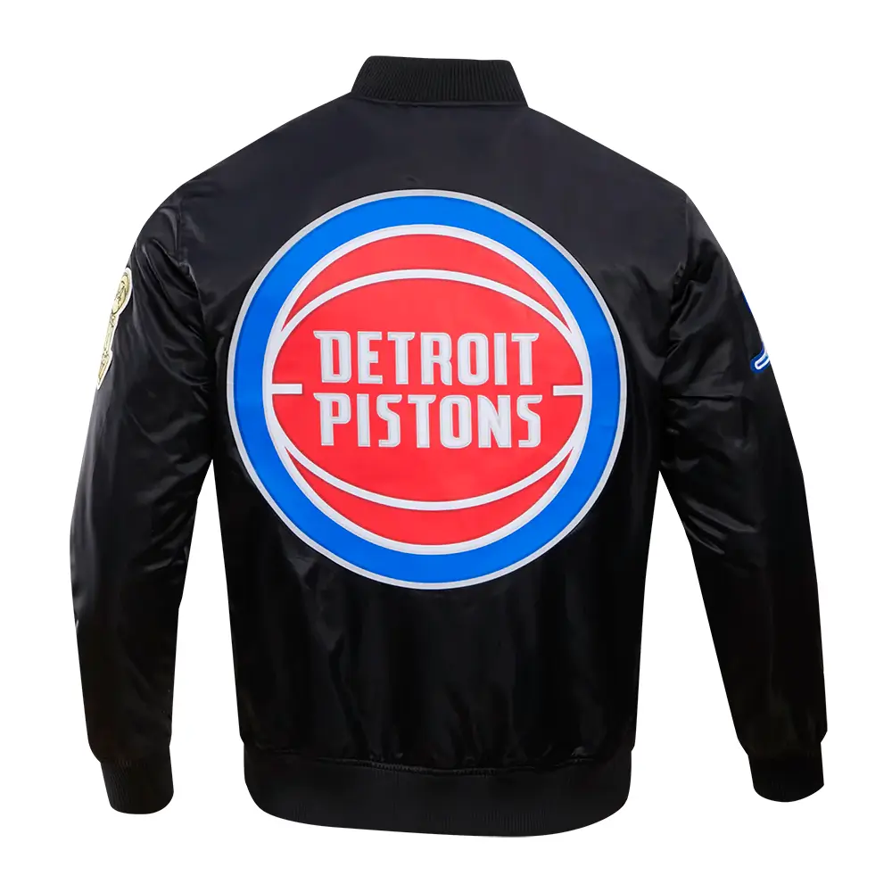 Detroit Pistons Wordmark Big Logo Black Satin Varsity Jacket - Image 4