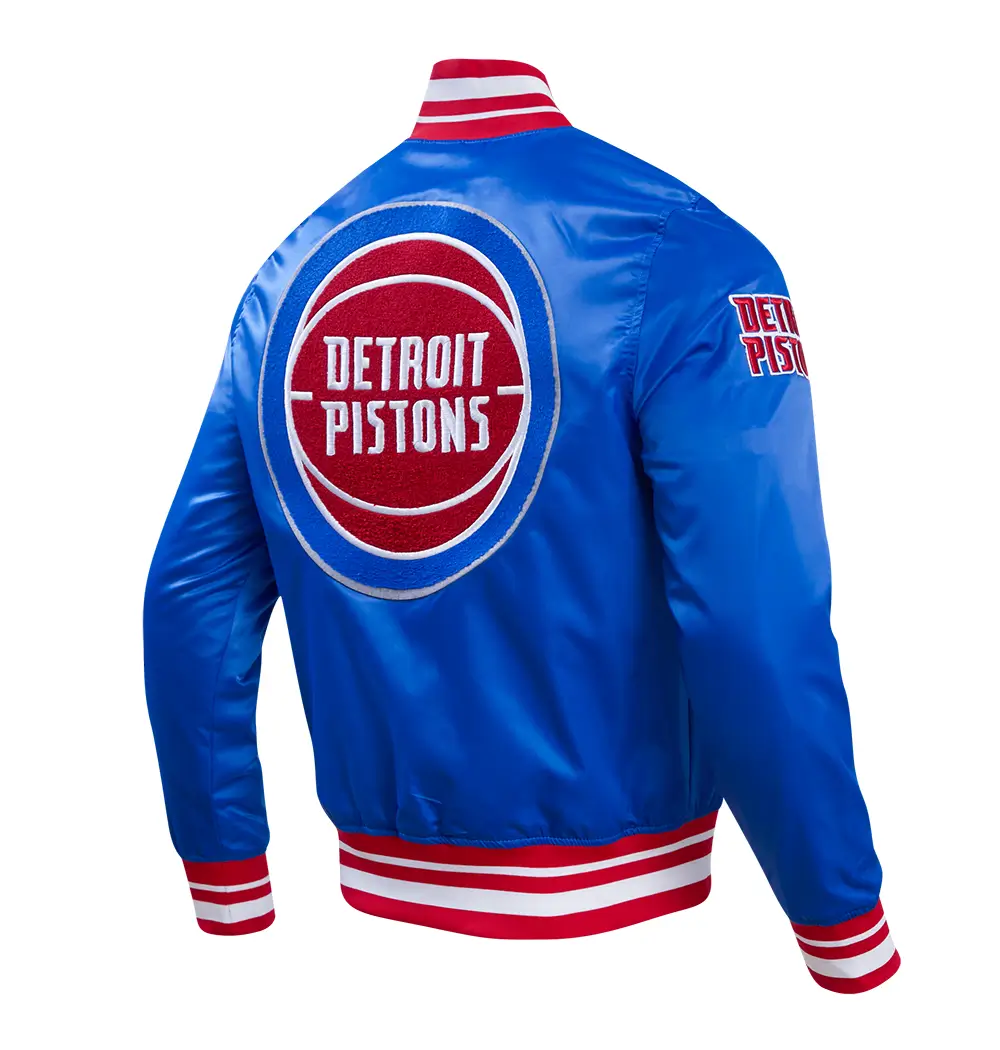 Detroit Pistons Retro Classic Rib Royal Blue Satin Varsity Jacket - Image 3