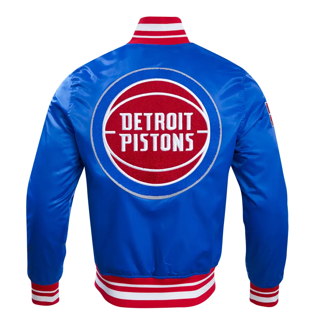 Detroit Pistons Retro Classic Rib Royal Blue Satin Varsity Jacket - Image 4