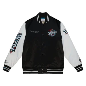 Detroit Pistons Team Legacy Black & White Satin Varsity Jacket