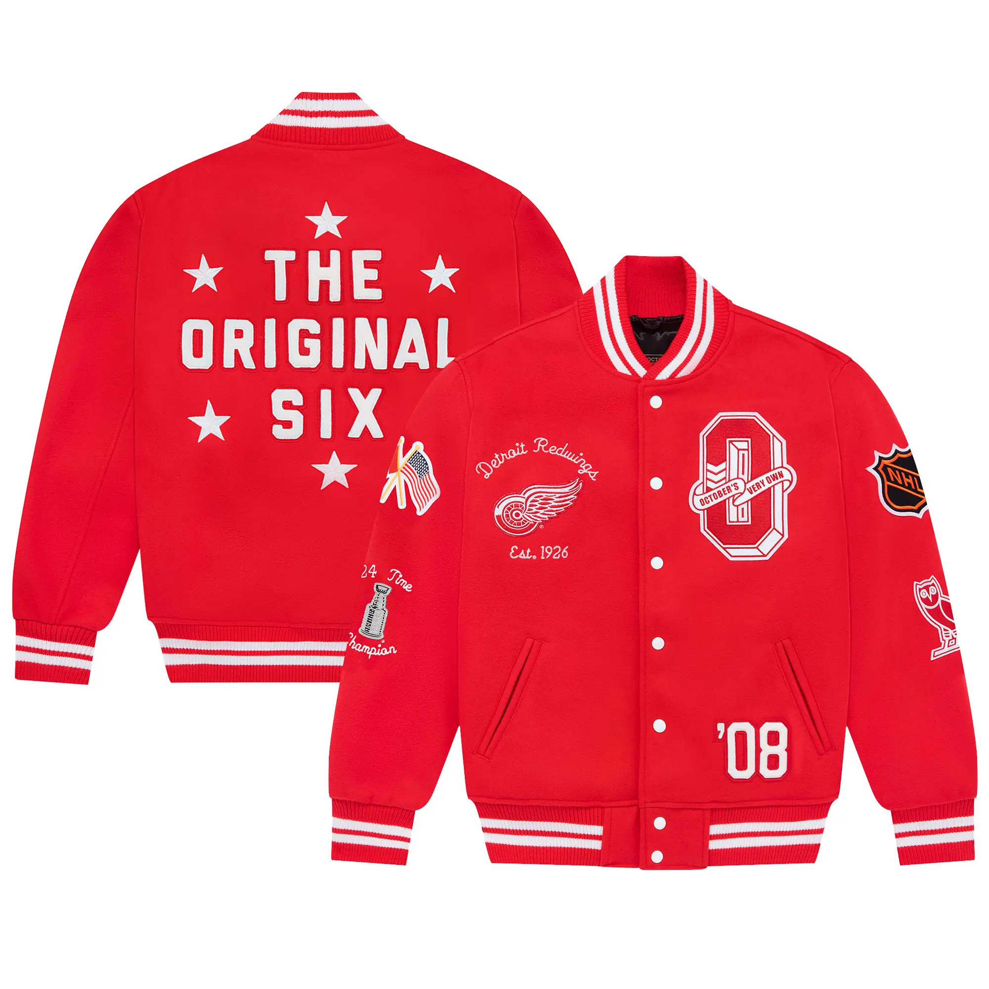 Chicago Blackhawks OVO Red Full-Snap Wool Varsity Jacket - Image 8