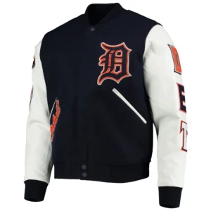 Detroit Tigers Classic Pro Standard Ribbed Knitted Wool & Leather Varsity Jacket Navy & White