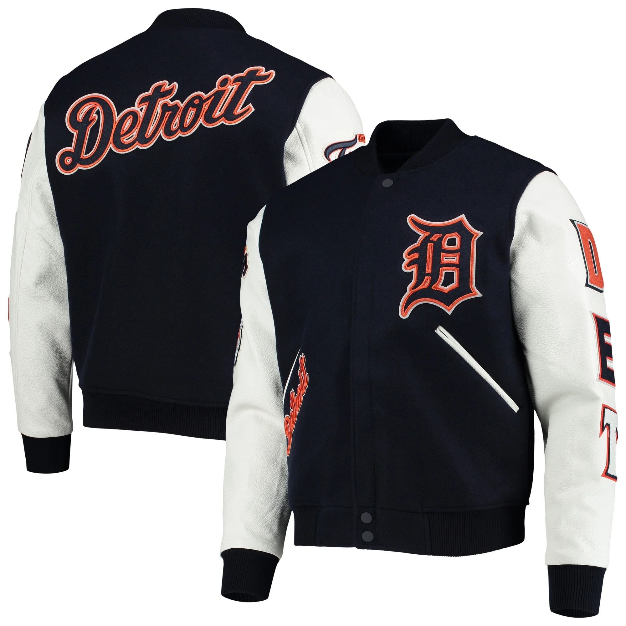 Detroit Tigers Classic Pro Standard Ribbed Knitted Wool & Leather Varsity Jacket Navy & White - Image 3