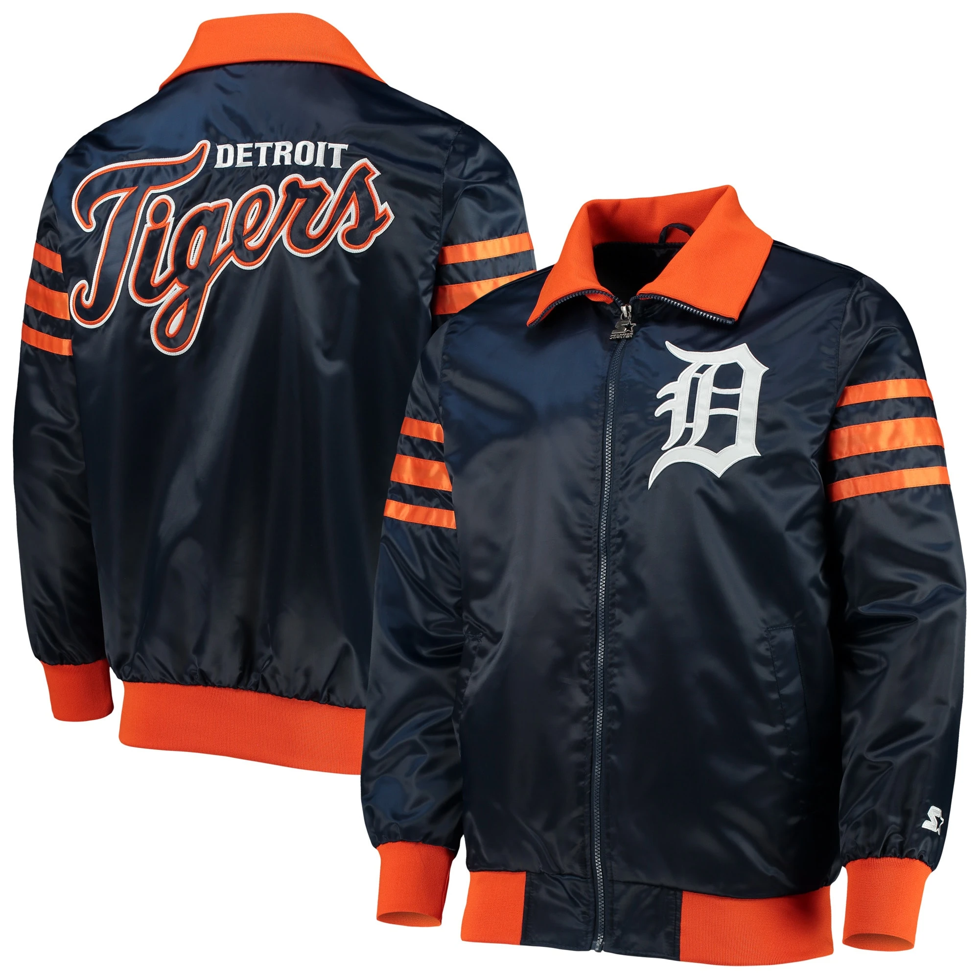 Detroit Tigers Starter The Captain II Full-Zip Satin Varsity Navy Jacket - Image 3