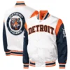 Detroit Tigers Starter Warm Up Pitch Full-Snap Satin Varsity Jacket White & Navy - Image 3