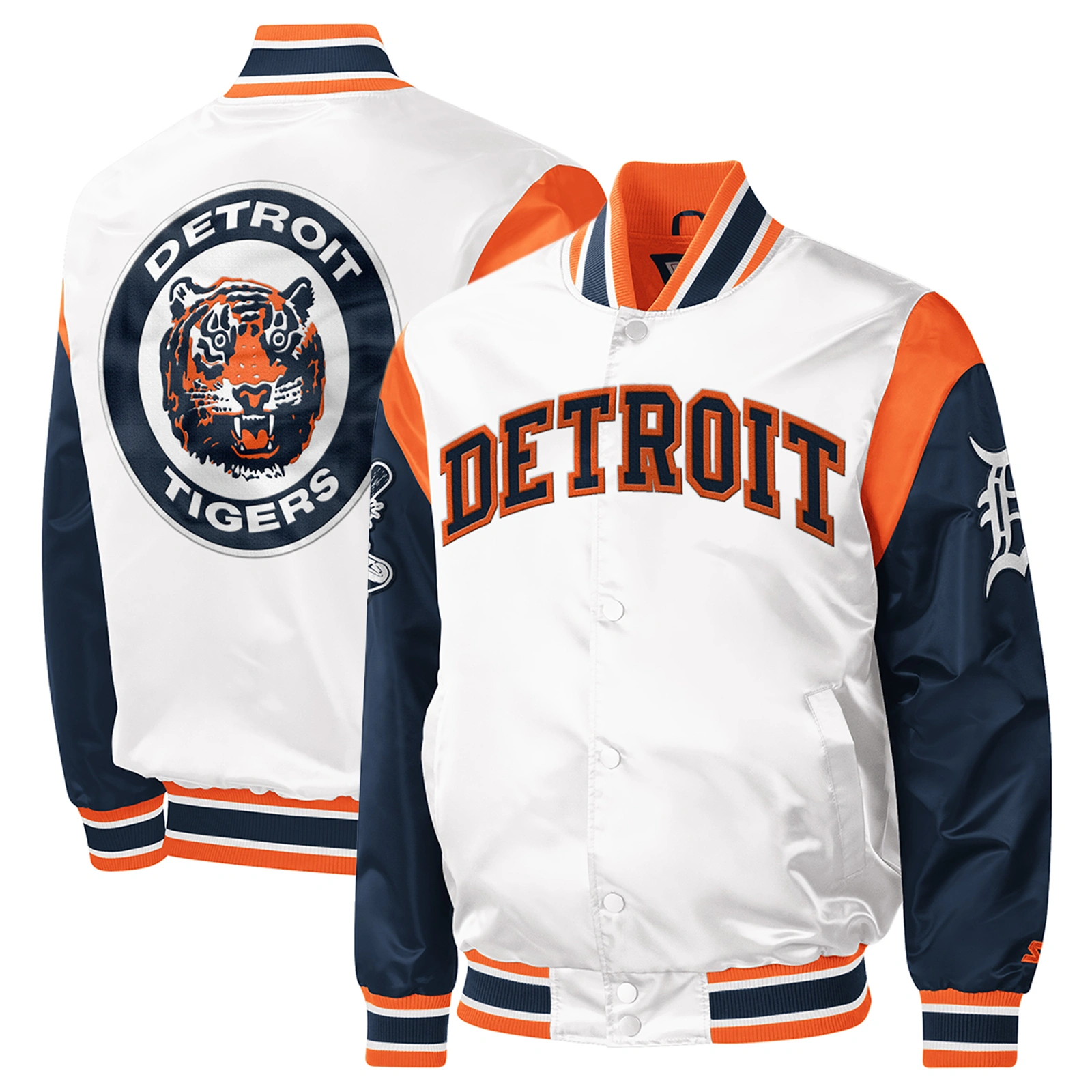 Detroit Tigers Starter Warm Up Pitch Full-Snap Satin Varsity Jacket White & Navy - Image 3