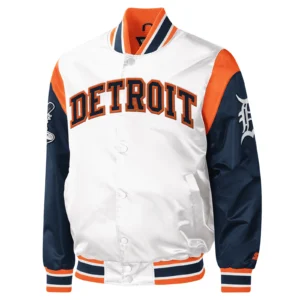 Detroit Tigers Starter Warm Up Pitch Full-Snap Satin Varsity Jacket White & Navy