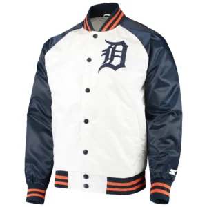 Detroit Tigers Lead Off White & Navy Clean Up Hitter Full-Snap Satin Varsity Jacket