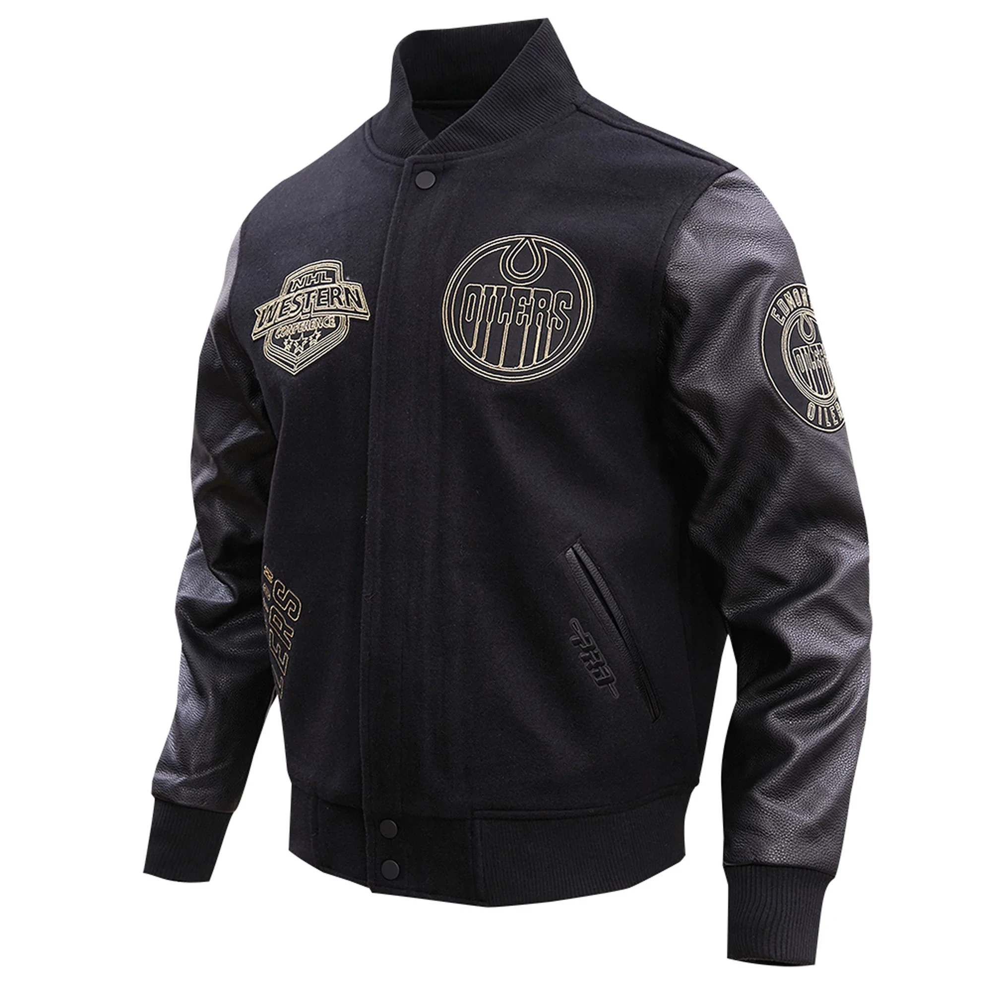 Edmonton Oilers Black & Gold Wool & leather Varsity Jacket - Image 2