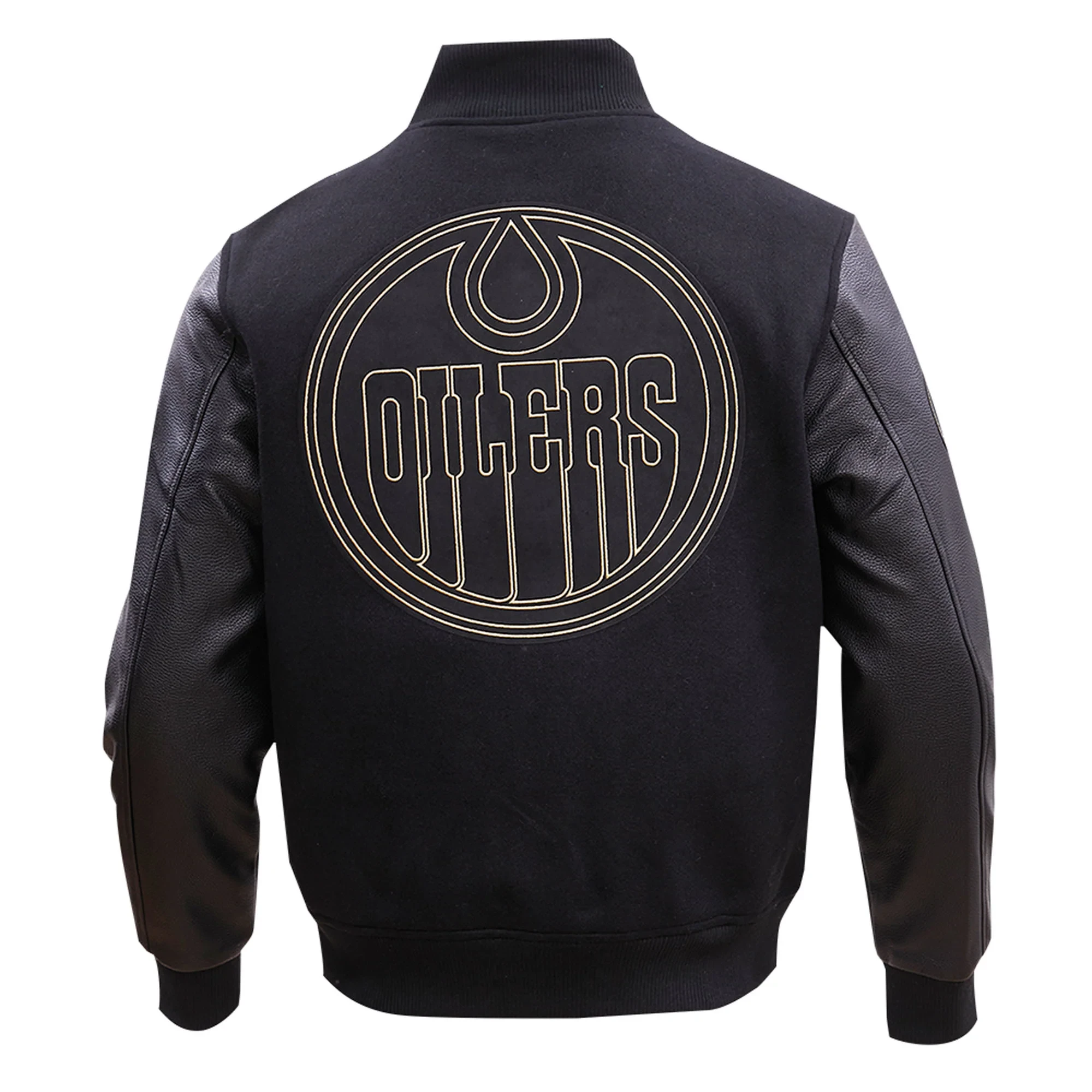 Edmonton Oilers Black & Gold Wool & leather Varsity Jacket - Image 4