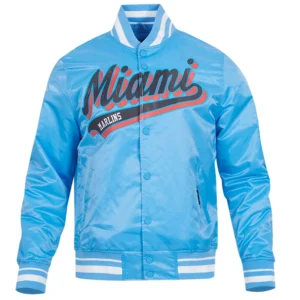 Miami Marlins Baseball Team Players Satin Varsity Jacket Sky Blue
