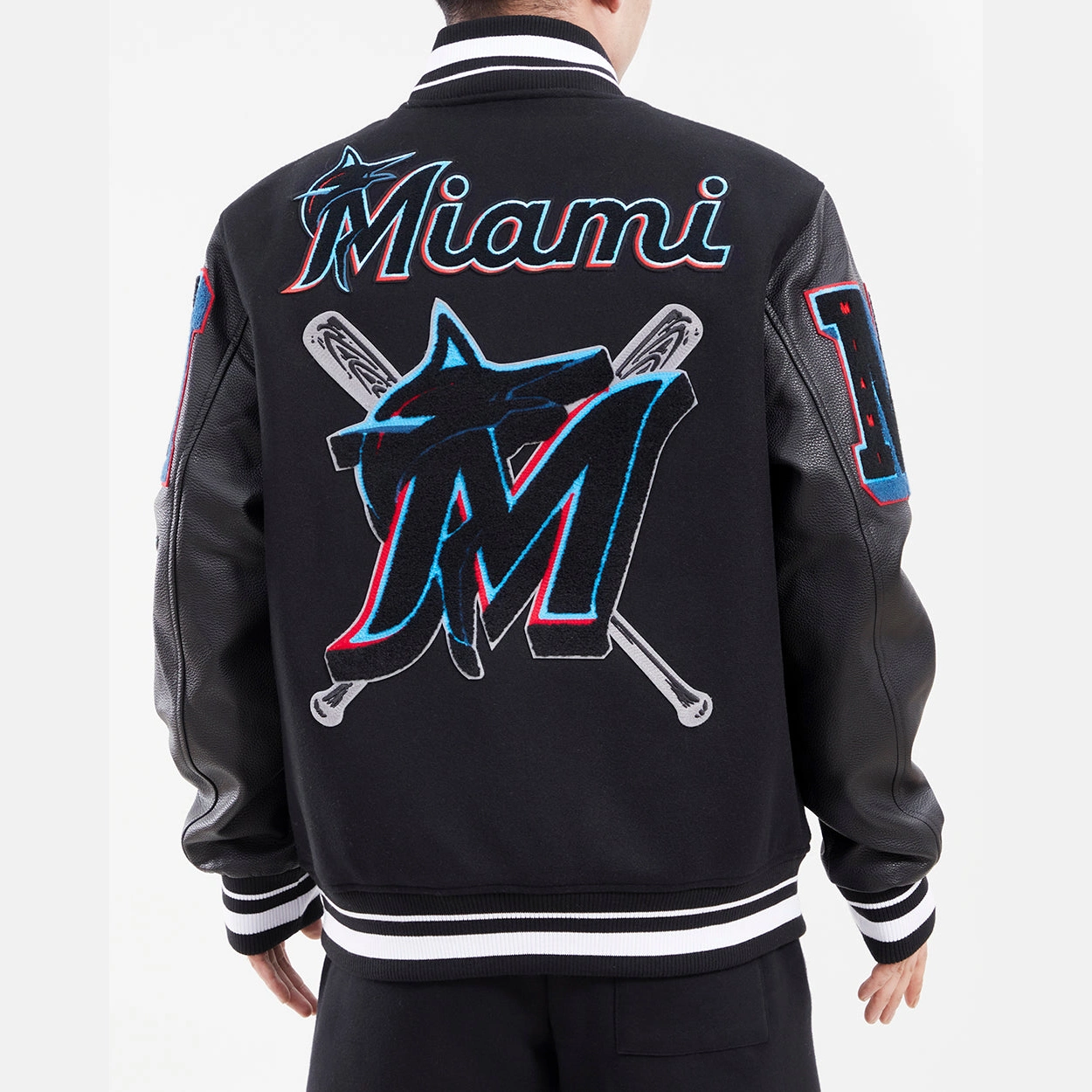 Miami Marlins Mashup Black Wool & Leather Varsity Jacket - Image 2