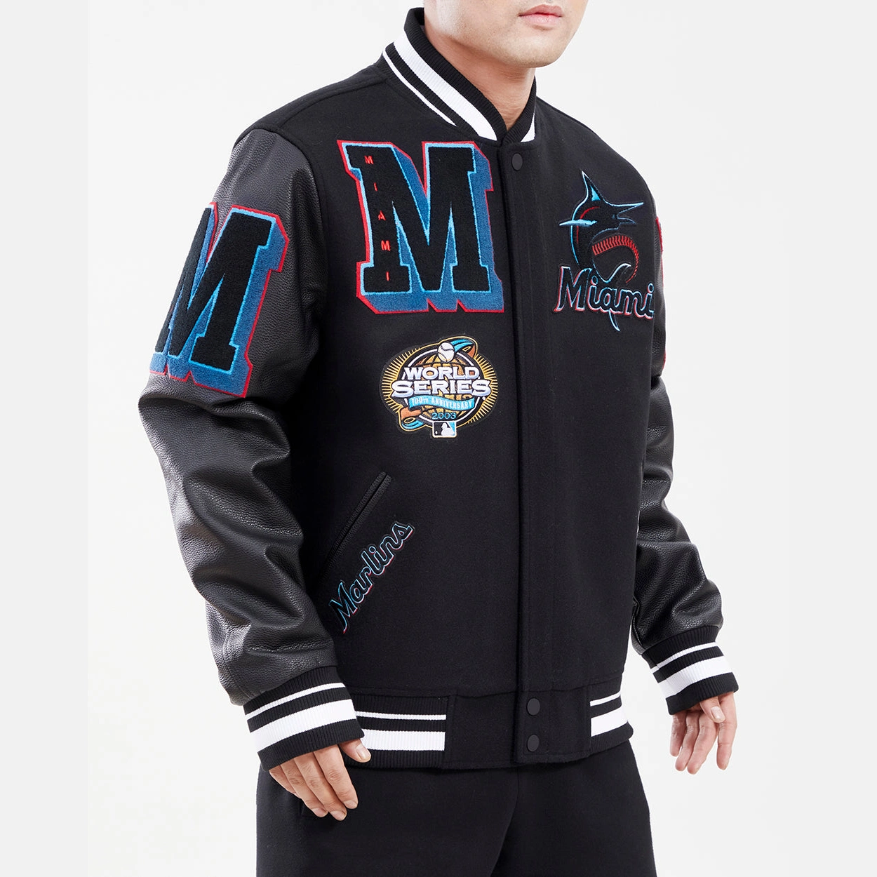 Miami Marlins Mashup Black Wool & Leather Varsity Jacket - Image 3