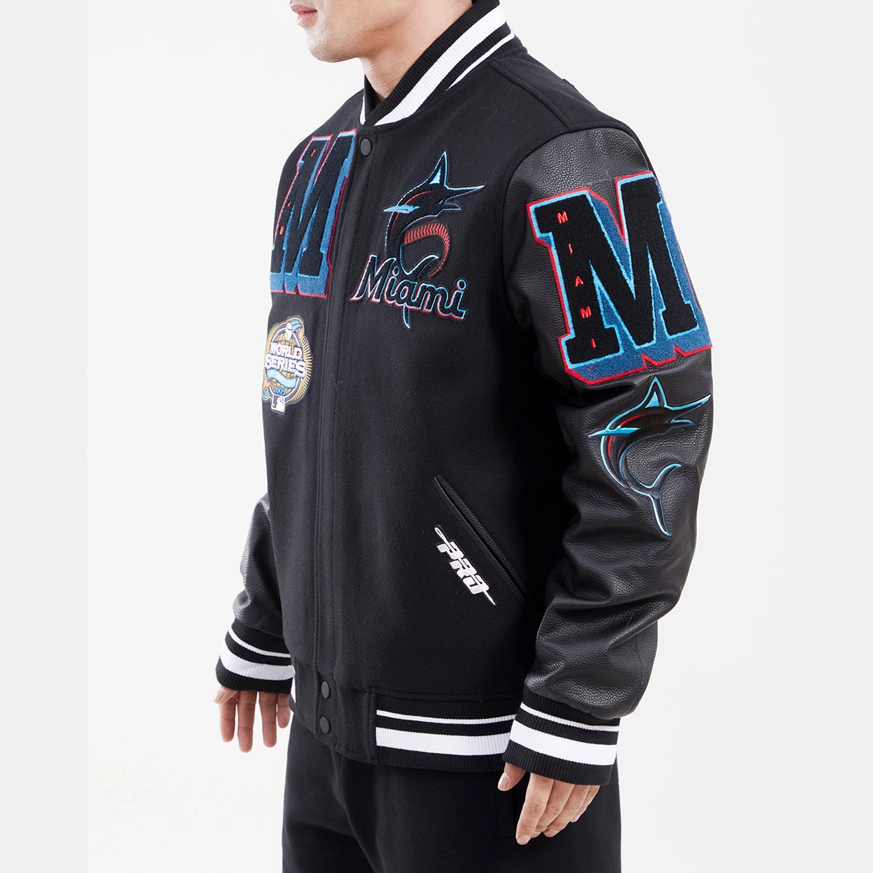Miami Marlins Mashup Black Wool & Leather Varsity Jacket - Image 4