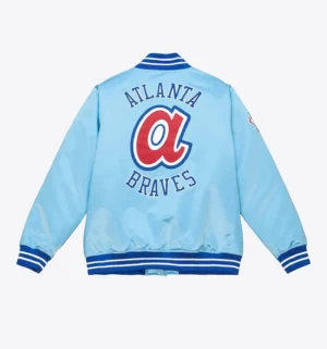 Alternative view of Atlanta Braves Cooperstown Heavyweight full-Snap Satin Varsity Sky Blue Jacket