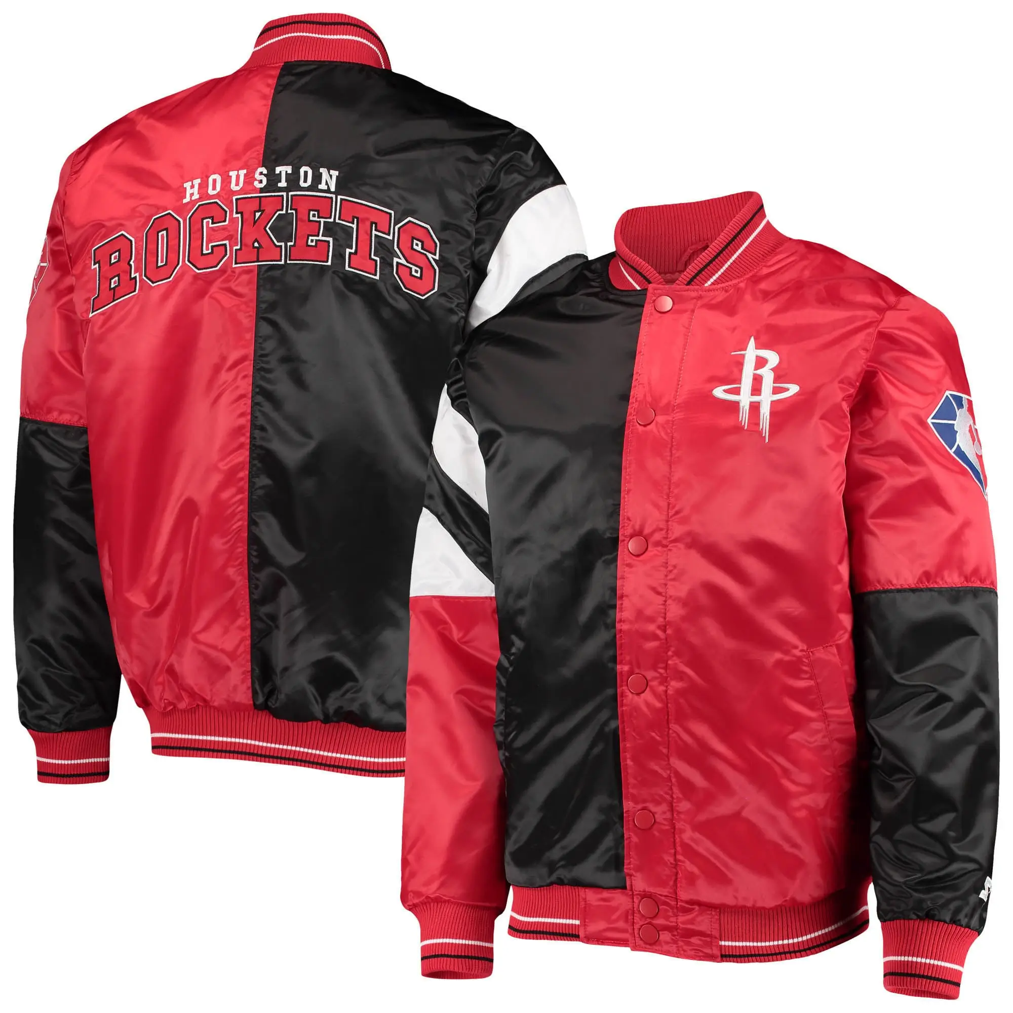 Houston Rockets Starter 75th Anniversary Leader Black & Red Color Block Satin Varsity Jacket - Image 4