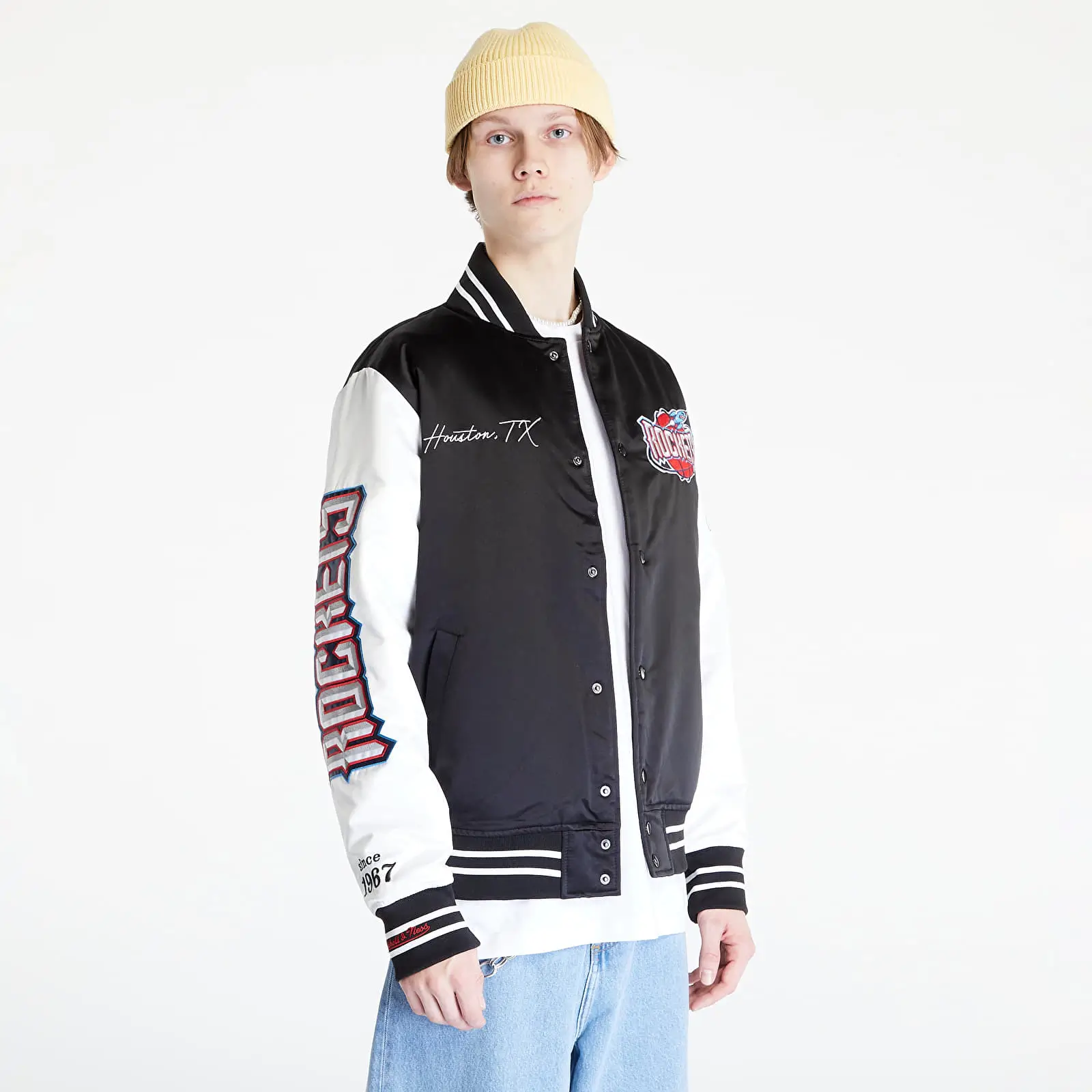 Houston Rockets Team Legacy Team Origins Black & White Satin Varsity Jacket - Image 4