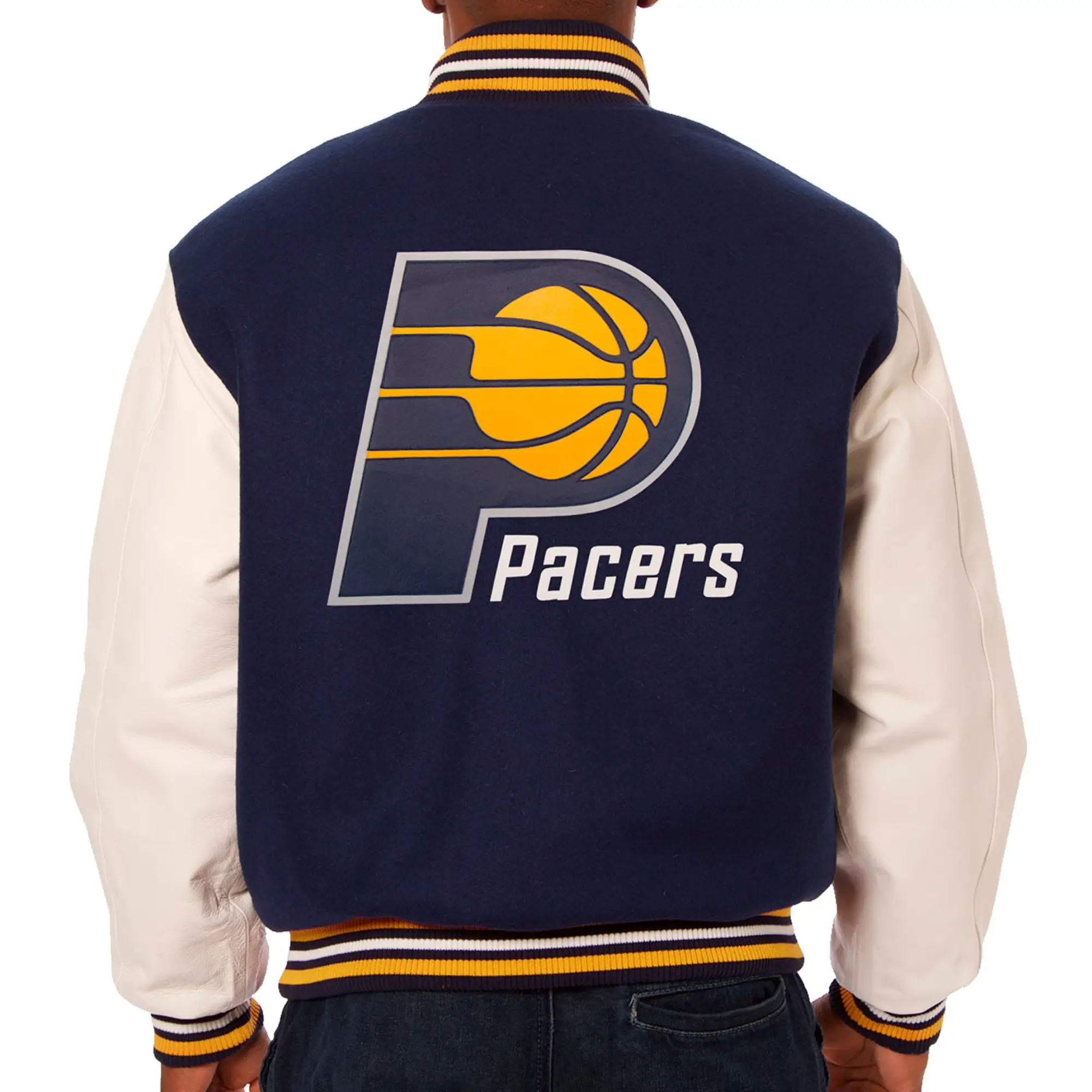 Indiana Pacers Two Tone Wool & Leather Varsity Jacket Navy & White - Image 2