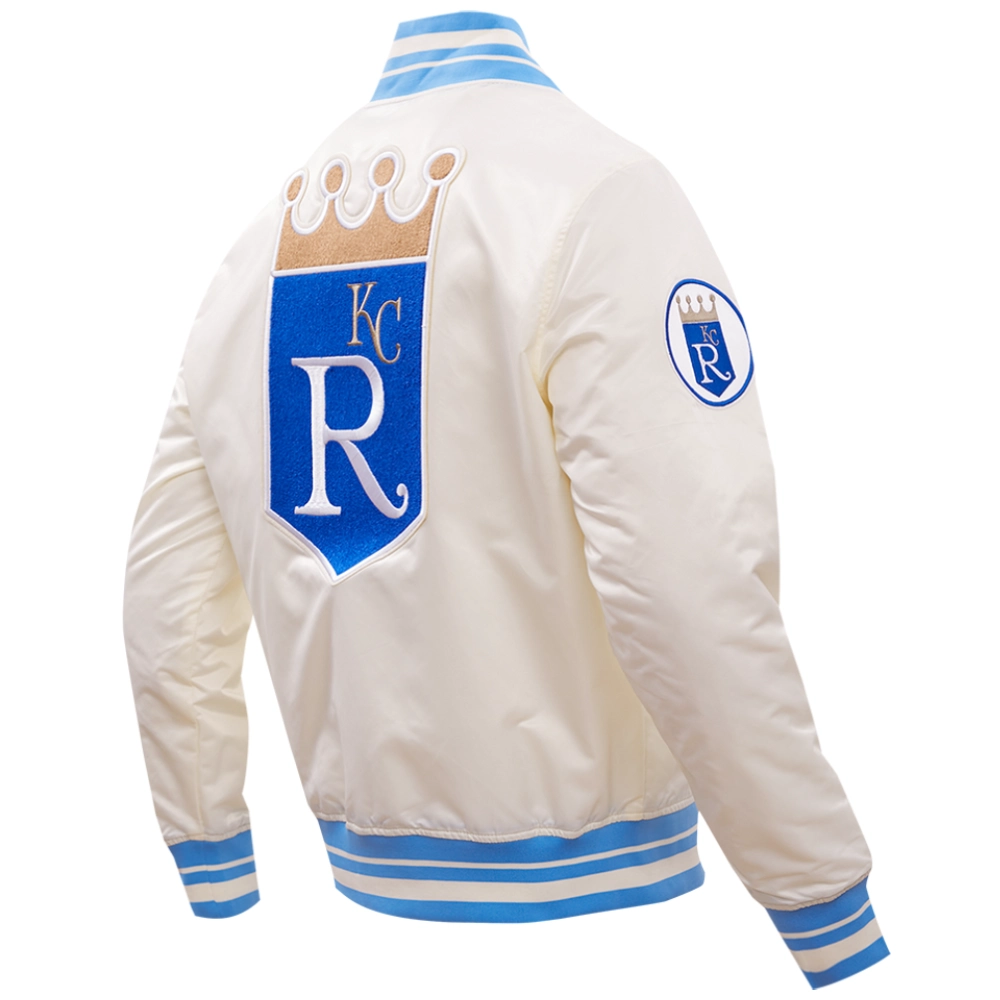 Kansas City Royals Script Tail Men's Full-Snap Satin Varsity Cream Jacket - Image 3