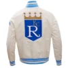 Kansas City Royals Script Tail Men's Full-Snap Satin Varsity Cream Jacket - Image 2
