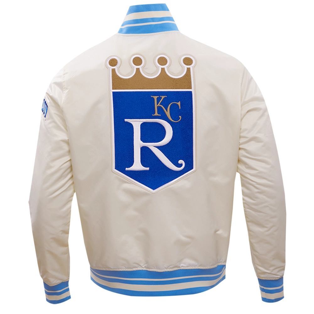 Kansas City Royals Script Tail Men's Full-Snap Satin Varsity Cream Jacket - Image 2