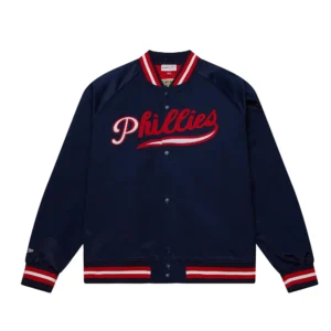 Philadelphia Phillies Cooperstown Heavyweight Navy Snap-Tab Satin Varsity Jacket