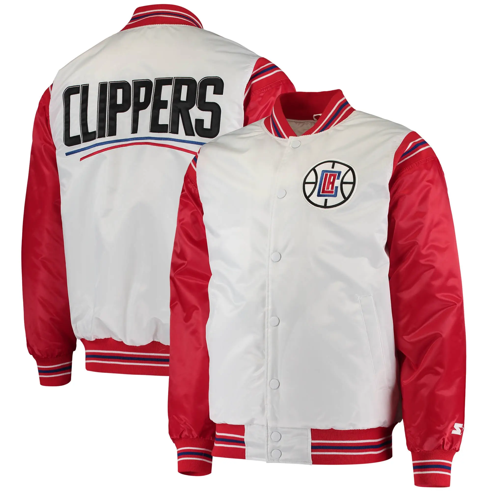 LA Clippers The Enforcer Full-Snap White & Red Satin Varsity Jacket - Image 4