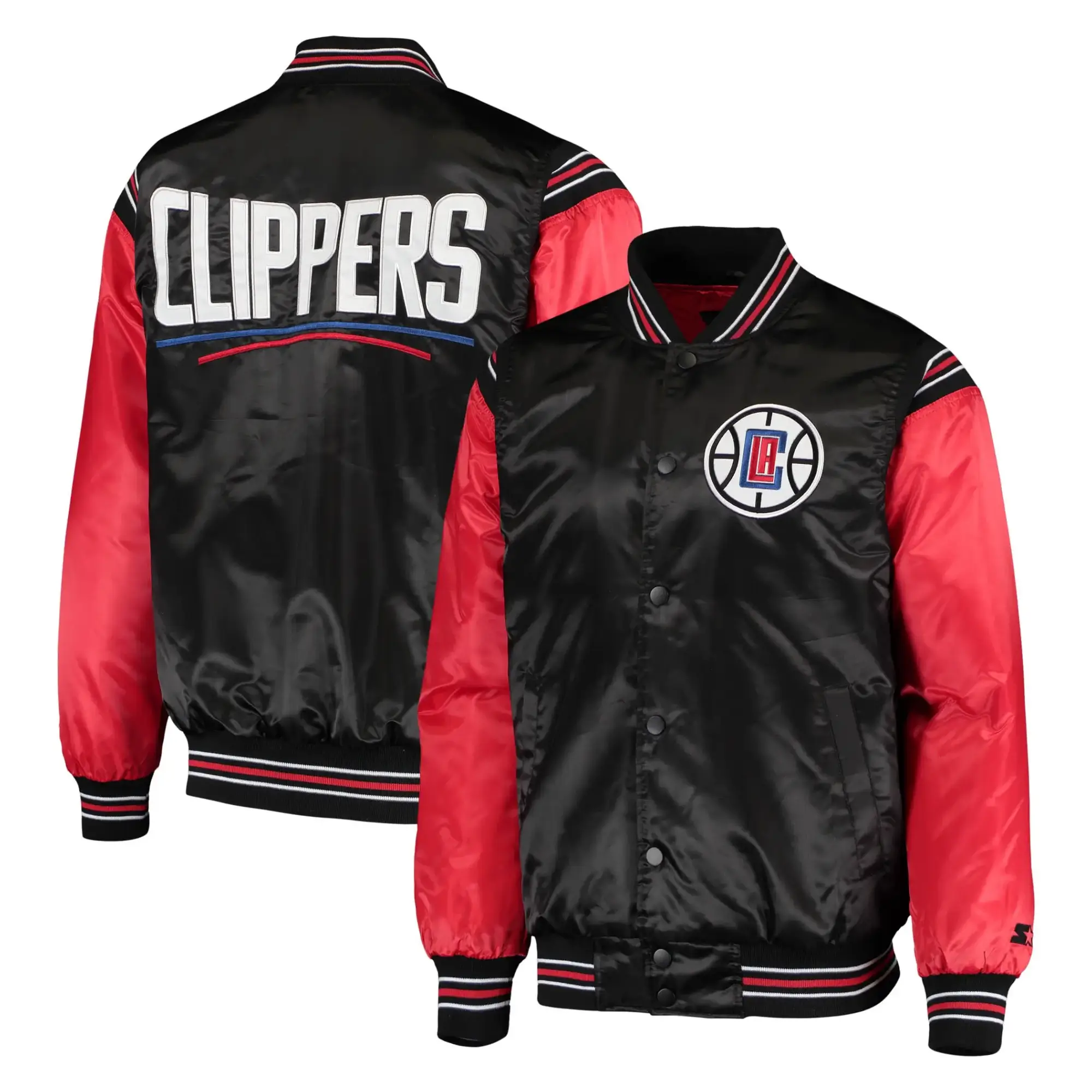 Los Angeles Clippers Starter The Enforcer Full-Snap Black & Red Satin Varsity Jacket - Image 4