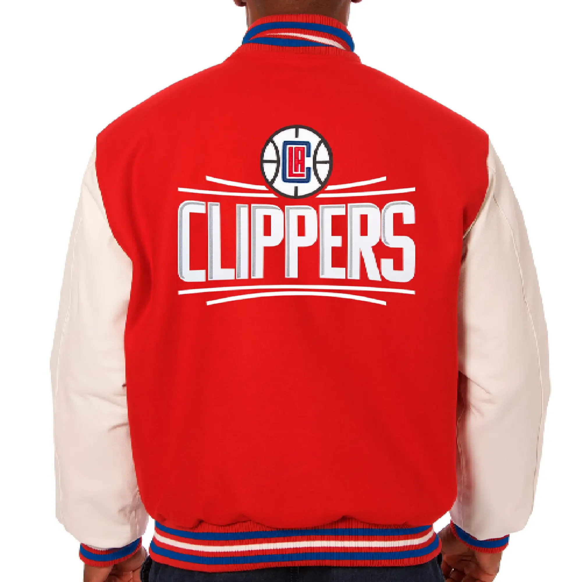 Los Angeles Clippers Two Tone Wool & Leather Varsity Jacket Red & White - Image 2