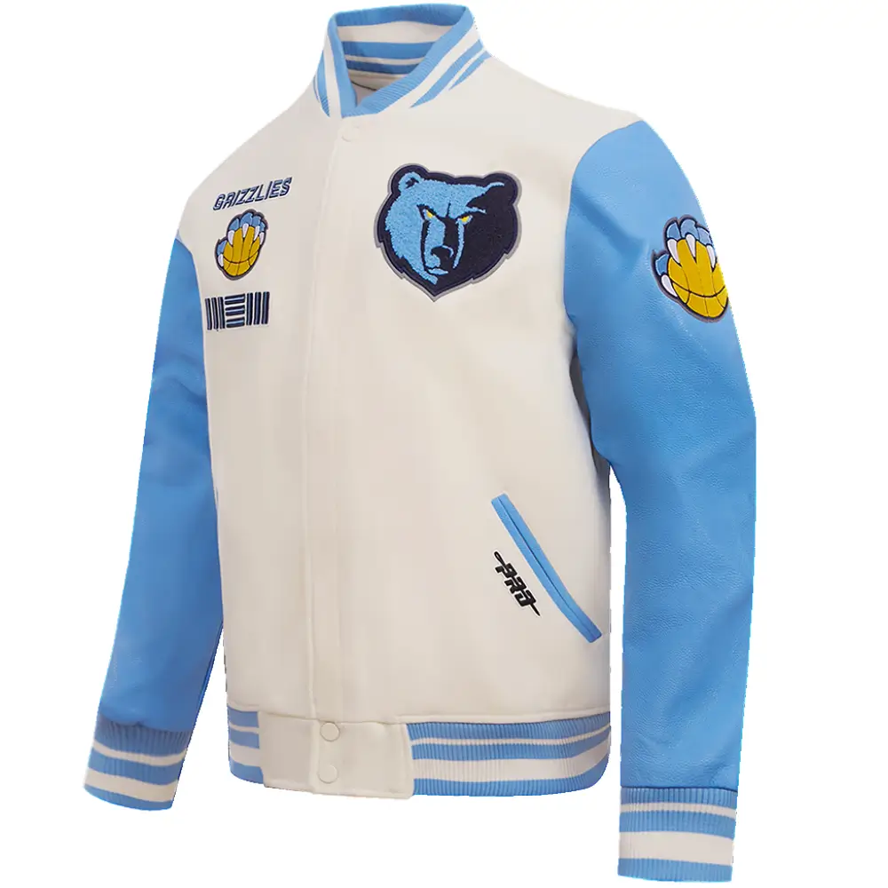 Memphis Grizzlies Men's Retro Classic Cream/Sky Blue Varsity Jacket - Image 3